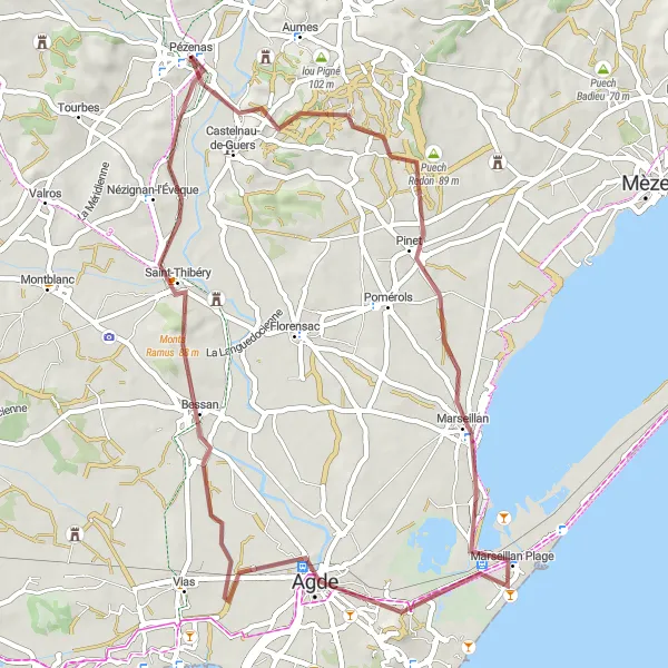 Map miniature of "Pézenas and Coastal Gravel Adventure" cycling inspiration in Languedoc-Roussillon, France. Generated by Tarmacs.app cycling route planner