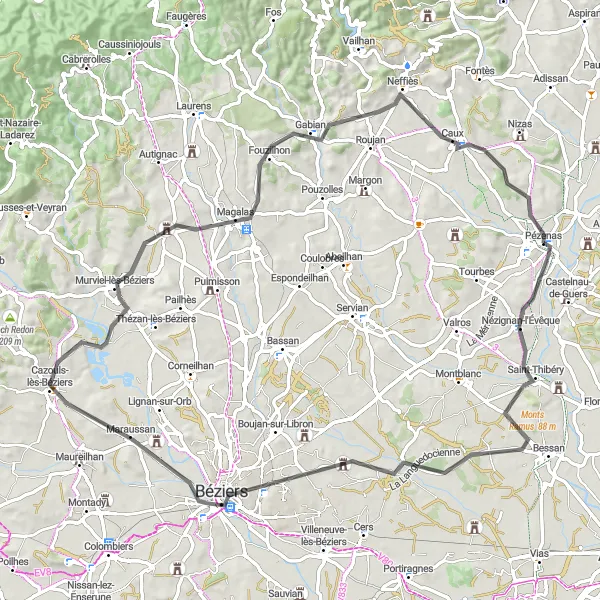Miniature de la carte de l'inspiration cycliste "Saint-Thibéry Circuit" dans la Languedoc-Roussillon, France. Générée par le planificateur d'itinéraire cycliste Tarmacs.app