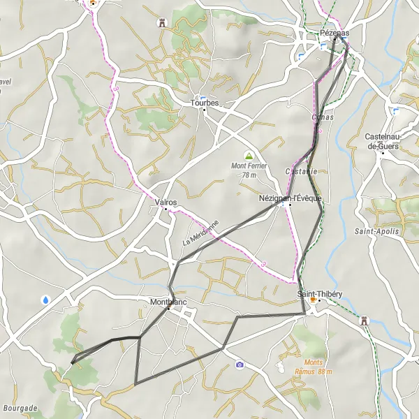 Map miniature of "Pézenas Loop" cycling inspiration in Languedoc-Roussillon, France. Generated by Tarmacs.app cycling route planner