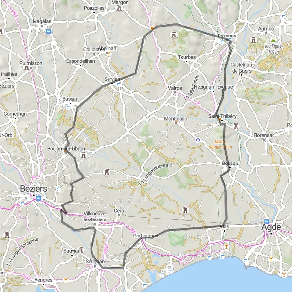 Map miniature of "The Bassan Challenge" cycling inspiration in Languedoc-Roussillon, France. Generated by Tarmacs.app cycling route planner
