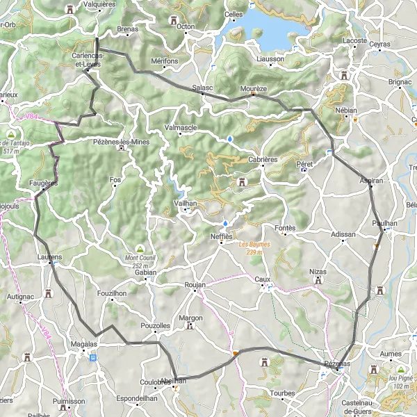 Map miniature of "Off the Beaten Path from Pézenas" cycling inspiration in Languedoc-Roussillon, France. Generated by Tarmacs.app cycling route planner