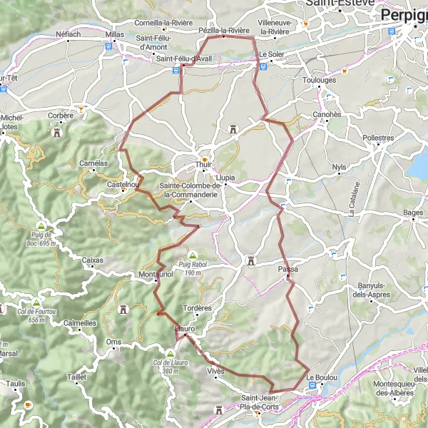 Map miniature of "Rural Gravel Adventure" cycling inspiration in Languedoc-Roussillon, France. Generated by Tarmacs.app cycling route planner