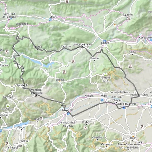 Map miniature of "Discover the Rich Heritage of the Pyrénées Orientales" cycling inspiration in Languedoc-Roussillon, France. Generated by Tarmacs.app cycling route planner