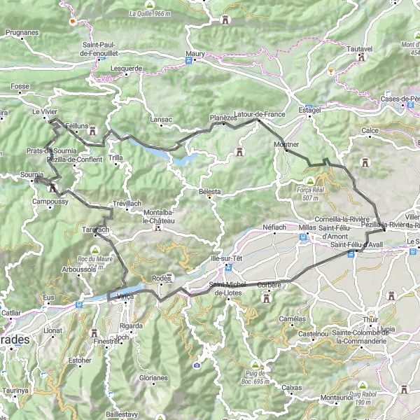 Map miniature of "Scenic Ride through Catalan country" cycling inspiration in Languedoc-Roussillon, France. Generated by Tarmacs.app cycling route planner