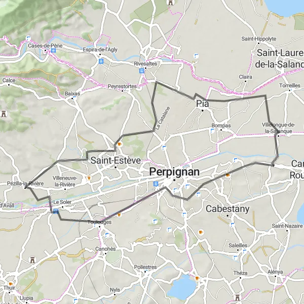 Map miniature of "Short and Sweet Ride near Pézilla-la-Rivière" cycling inspiration in Languedoc-Roussillon, France. Generated by Tarmacs.app cycling route planner