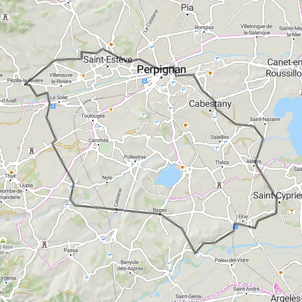 Map miniature of "Relaxing Ride through Perpignan and its Surroundings" cycling inspiration in Languedoc-Roussillon, France. Generated by Tarmacs.app cycling route planner