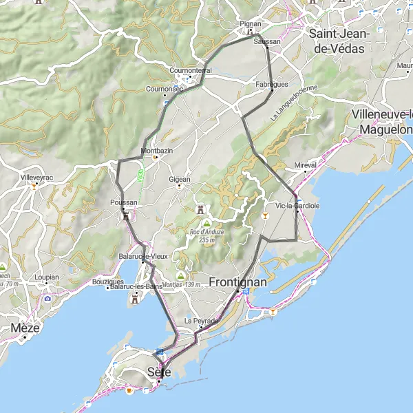 Miniature de la carte de l'inspiration cycliste "Tour de la Montagne du Salève" dans la Languedoc-Roussillon, France. Générée par le planificateur d'itinéraire cycliste Tarmacs.app