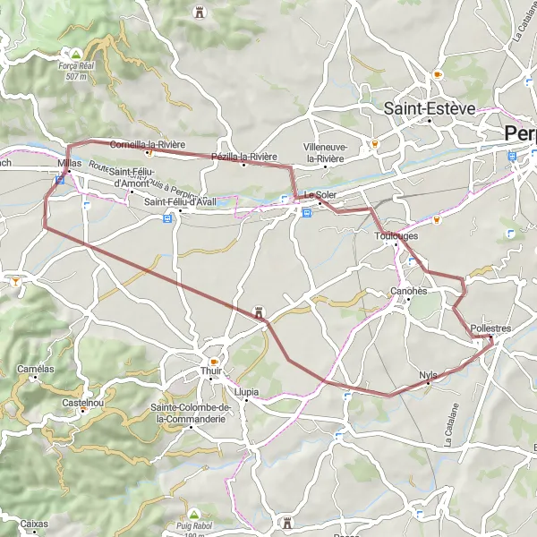 Map miniature of "Languedoc Roussillon: Ponteilla to Mas de les Coves Gravel Round-Trip" cycling inspiration in Languedoc-Roussillon, France. Generated by Tarmacs.app cycling route planner