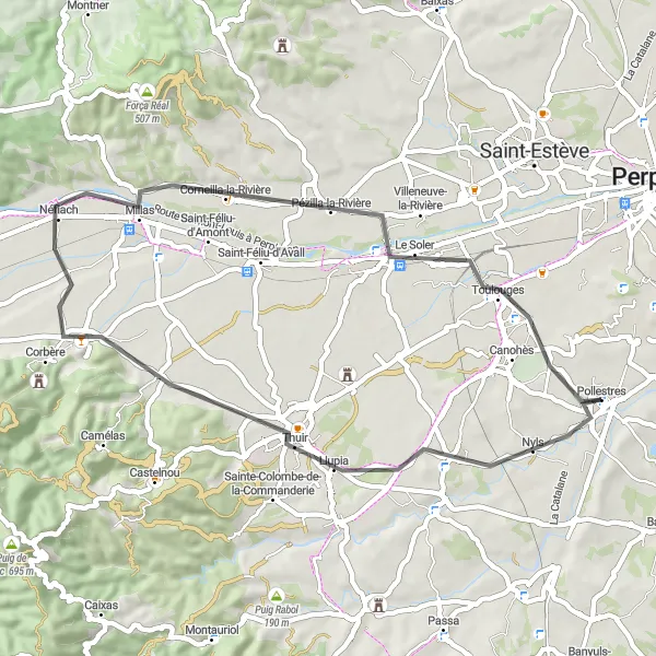 Map miniature of "Languedoc Roussillon: Ponteilla to Toulouges Round-Trip" cycling inspiration in Languedoc-Roussillon, France. Generated by Tarmacs.app cycling route planner