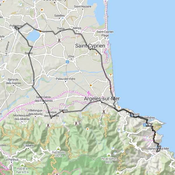 Map miniature of "Coastal Loop to Bages" cycling inspiration in Languedoc-Roussillon, France. Generated by Tarmacs.app cycling route planner