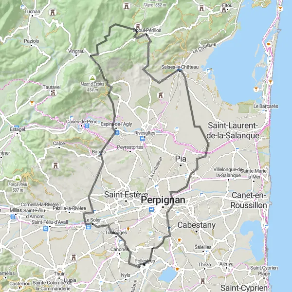 Map miniature of "Southern Roussillon Loop" cycling inspiration in Languedoc-Roussillon, France. Generated by Tarmacs.app cycling route planner