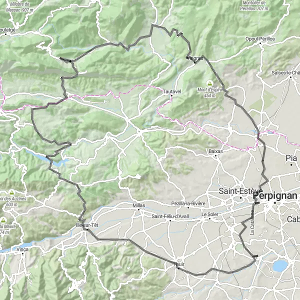 Map miniature of "Languedoc Roussillon: Ponteilla to Mas de les Coves Round-Trip" cycling inspiration in Languedoc-Roussillon, France. Generated by Tarmacs.app cycling route planner