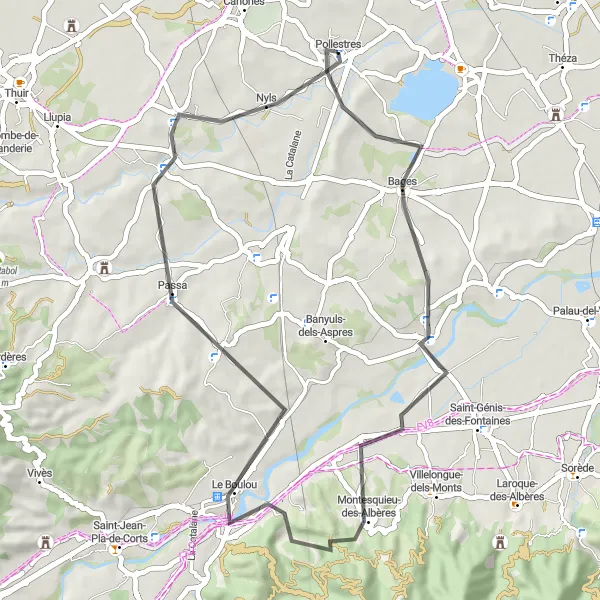 Map miniature of "Languedoc Roussillon: Bages to Trouillas Round-Trip" cycling inspiration in Languedoc-Roussillon, France. Generated by Tarmacs.app cycling route planner