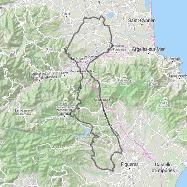 Map miniature of "Mountain Adventure to Darnius" cycling inspiration in Languedoc-Roussillon, France. Generated by Tarmacs.app cycling route planner