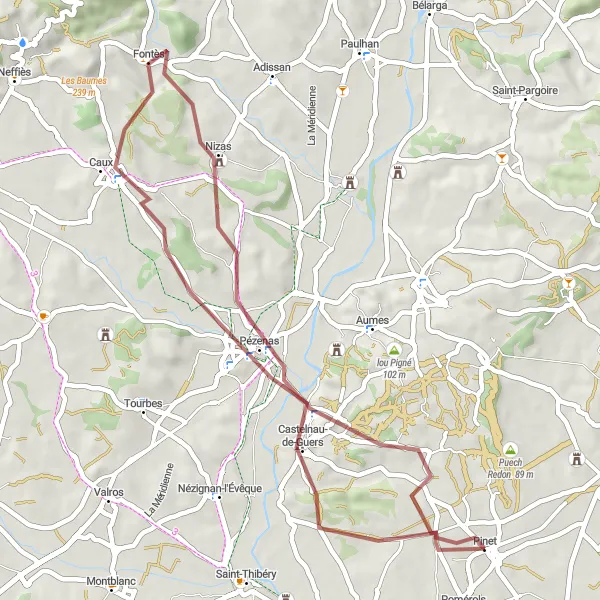 Miniature de la carte de l'inspiration cycliste "Le Tour de Campagne à Pomérols" dans la Languedoc-Roussillon, France. Générée par le planificateur d'itinéraire cycliste Tarmacs.app
