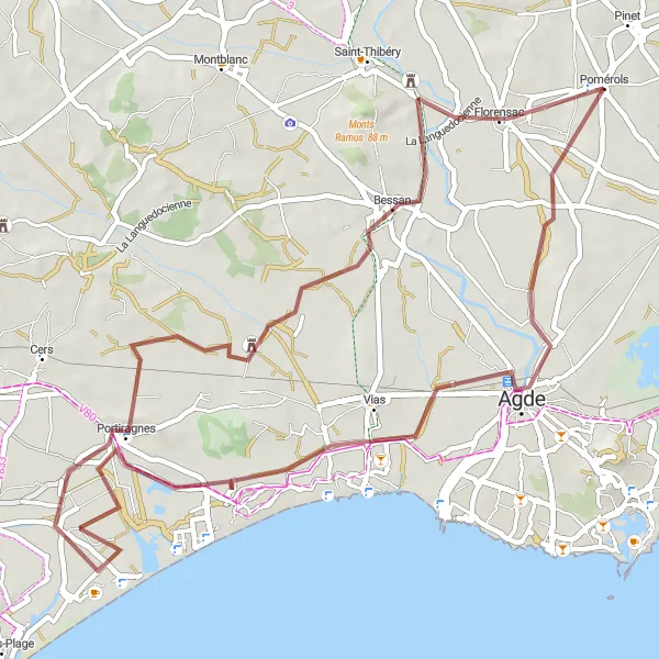 Map miniature of "Discover Sérignan Les Plages" cycling inspiration in Languedoc-Roussillon, France. Generated by Tarmacs.app cycling route planner