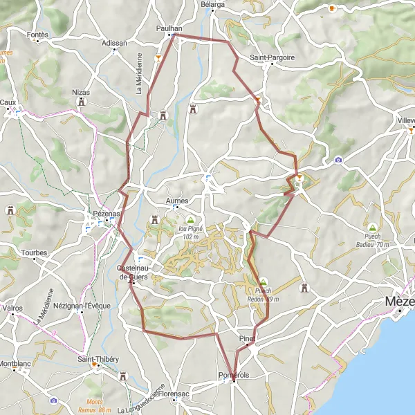 Miniature de la carte de l'inspiration cycliste "Exploration pittoresque autour de Pomérols" dans la Languedoc-Roussillon, France. Générée par le planificateur d'itinéraire cycliste Tarmacs.app