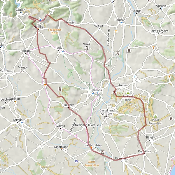 Miniature de la carte de l'inspiration cycliste "Le Circuit des Chemins de Terre et de Vignes" dans la Languedoc-Roussillon, France. Générée par le planificateur d'itinéraire cycliste Tarmacs.app