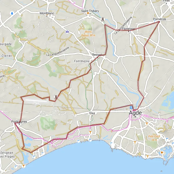 Map miniature of "Gravel Adventure to Agde" cycling inspiration in Languedoc-Roussillon, France. Generated by Tarmacs.app cycling route planner