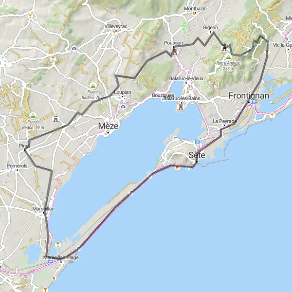 Miniature de la carte de l'inspiration cycliste "Escapade sportive à Sète" dans la Languedoc-Roussillon, France. Générée par le planificateur d'itinéraire cycliste Tarmacs.app