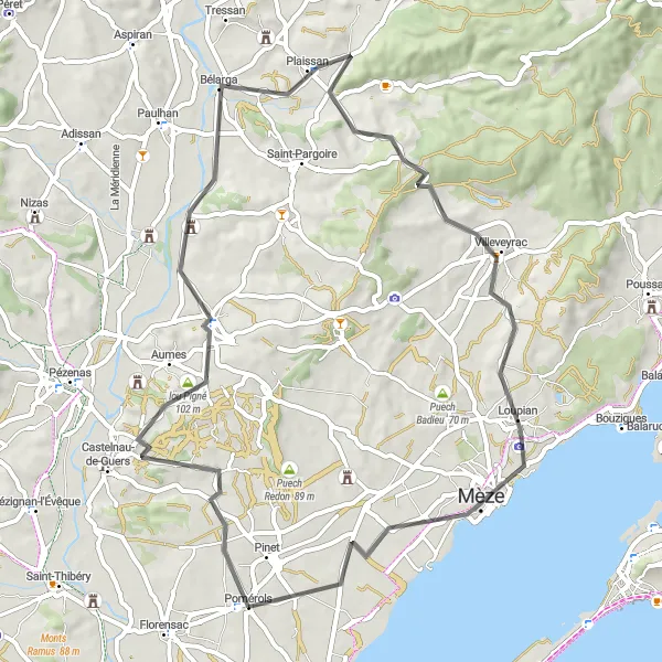 Map miniature of "Road Cycling Exploration: Pomerols and Beyond" cycling inspiration in Languedoc-Roussillon, France. Generated by Tarmacs.app cycling route planner