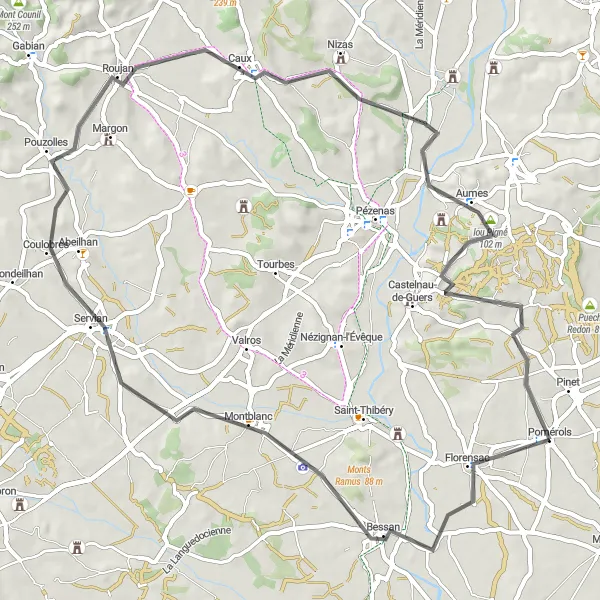 Map miniature of "Scenic Road Cycling Loop from Pomérols" cycling inspiration in Languedoc-Roussillon, France. Generated by Tarmacs.app cycling route planner