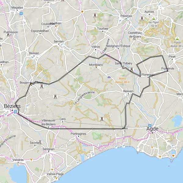 Miniature de la carte de l'inspiration cycliste "Boucle à Béziers" dans la Languedoc-Roussillon, France. Générée par le planificateur d'itinéraire cycliste Tarmacs.app