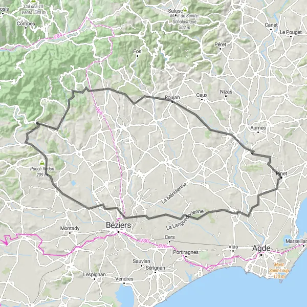 Miniature de la carte de l'inspiration cycliste "Le Tour des Collines et Villages du Languedoc" dans la Languedoc-Roussillon, France. Générée par le planificateur d'itinéraire cycliste Tarmacs.app