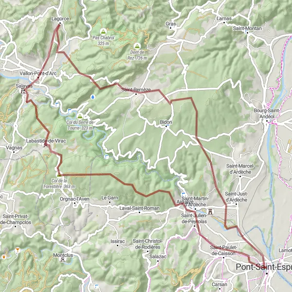 Map miniature of "The Ardèche Loop" cycling inspiration in Languedoc-Roussillon, France. Generated by Tarmacs.app cycling route planner