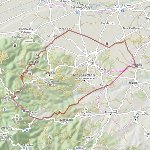Map miniature of "Terrats and Puig Tallat" cycling inspiration in Languedoc-Roussillon, France. Generated by Tarmacs.app cycling route planner