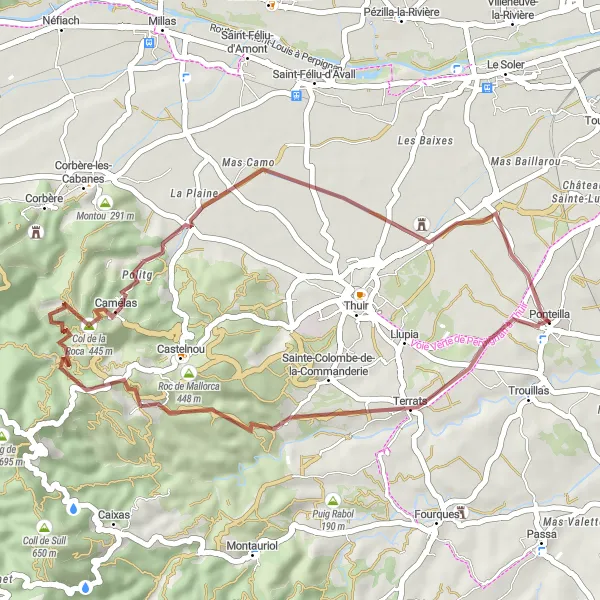Map miniature of "Terrats and Roc de Mallorca" cycling inspiration in Languedoc-Roussillon, France. Generated by Tarmacs.app cycling route planner