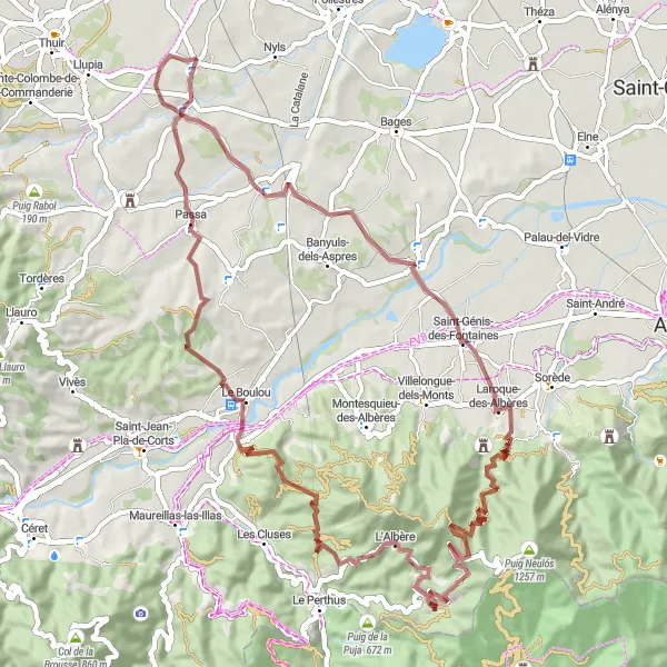 Map miniature of "Challenging Gravel Adventure" cycling inspiration in Languedoc-Roussillon, France. Generated by Tarmacs.app cycling route planner