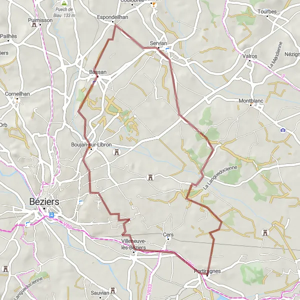 Map miniature of "Exploring Bassan" cycling inspiration in Languedoc-Roussillon, France. Generated by Tarmacs.app cycling route planner