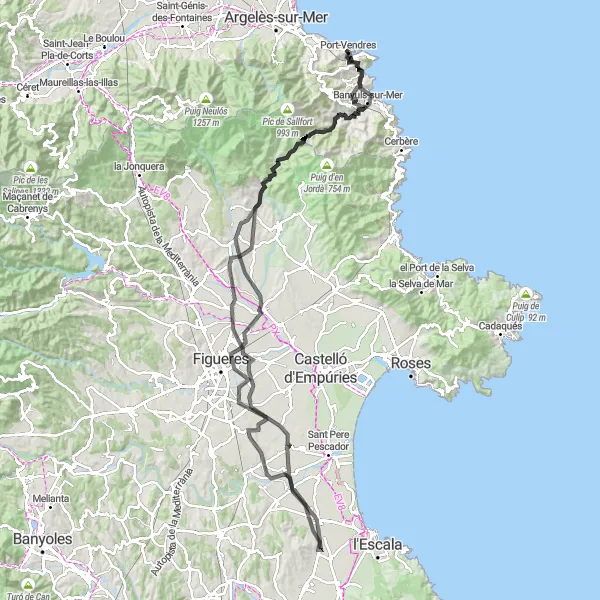 Miniature de la carte de l'inspiration cycliste "Boucle de Port-Vendres à Siurana" dans la Languedoc-Roussillon, France. Générée par le planificateur d'itinéraire cycliste Tarmacs.app