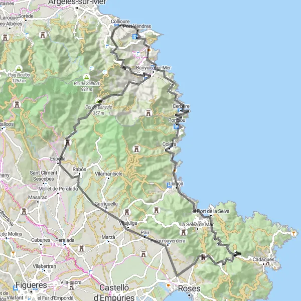 Miniature de la carte de l'inspiration cycliste "Les Routes des Sommets" dans la Languedoc-Roussillon, France. Générée par le planificateur d'itinéraire cycliste Tarmacs.app
