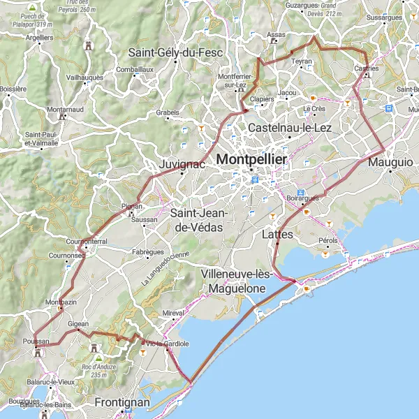 Map miniature of "Gravel Route - Poussan to Vic-la-Gardiole" cycling inspiration in Languedoc-Roussillon, France. Generated by Tarmacs.app cycling route planner