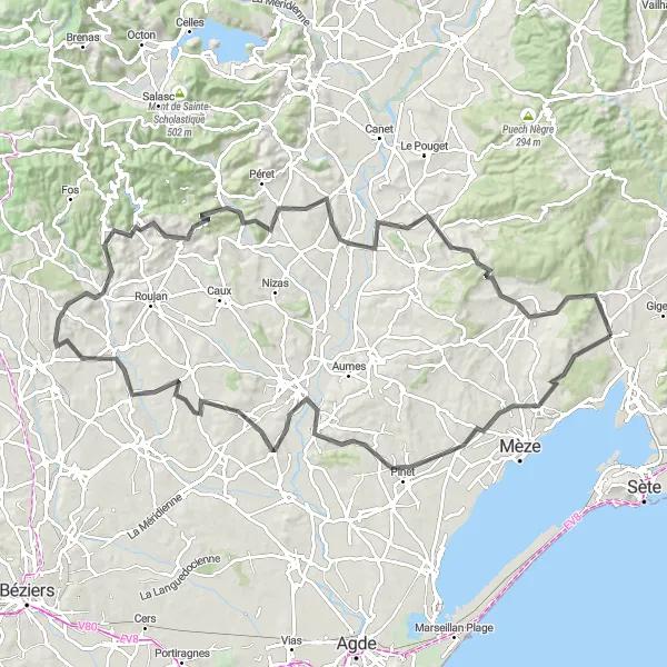 Map miniature of "Poussan's Natural Beauties and Ancient Towns" cycling inspiration in Languedoc-Roussillon, France. Generated by Tarmacs.app cycling route planner