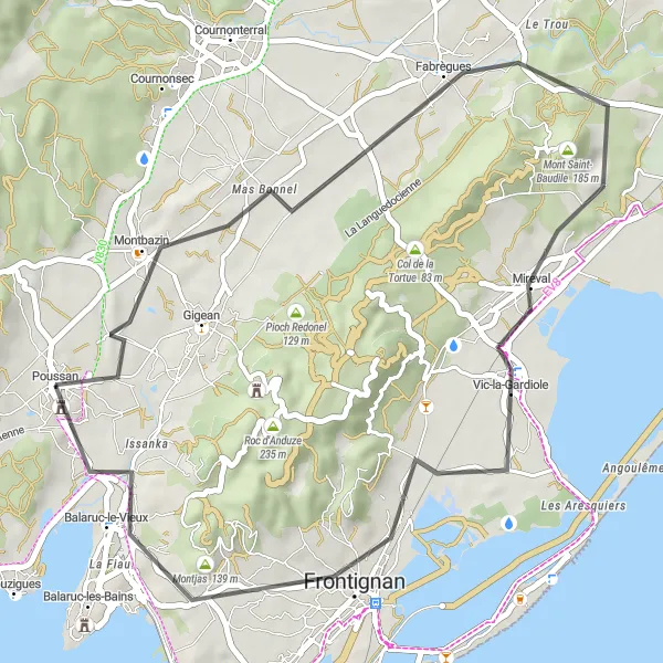 Miniature de la carte de l'inspiration cycliste "Parcours entre Poussan et Frontignan" dans la Languedoc-Roussillon, France. Générée par le planificateur d'itinéraire cycliste Tarmacs.app