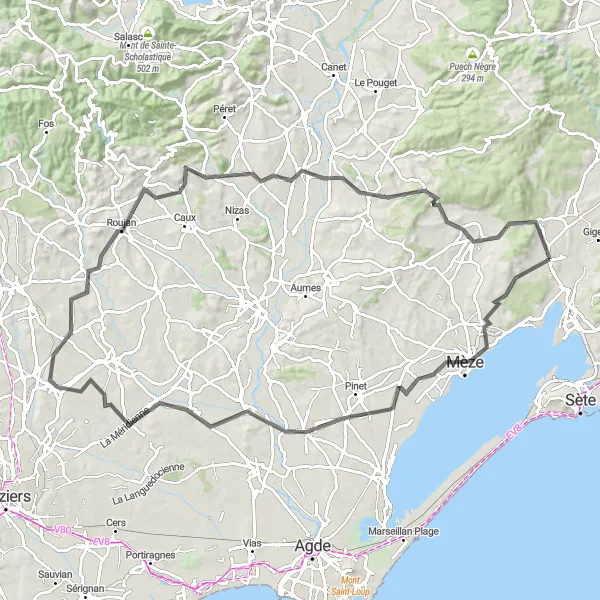 Map miniature of "Challenge Yourself on the Poussan Grand Loop" cycling inspiration in Languedoc-Roussillon, France. Generated by Tarmacs.app cycling route planner