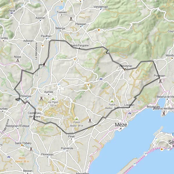 Miniature de la carte de l'inspiration cycliste "Le trajet de 66 km en vélo de route près de Poussan" dans la Languedoc-Roussillon, France. Générée par le planificateur d'itinéraire cycliste Tarmacs.app