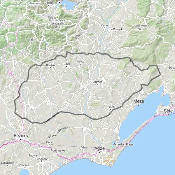 Miniature de la carte de l'inspiration cycliste "Le circuit de 108 km en vélo de route autour de Poussan" dans la Languedoc-Roussillon, France. Générée par le planificateur d'itinéraire cycliste Tarmacs.app