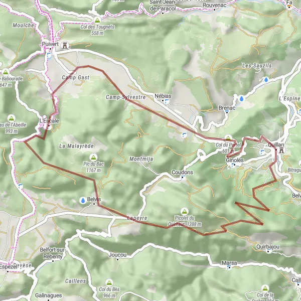 Miniature de la carte de l'inspiration cycliste "Circuit de Quillan Historique" dans la Languedoc-Roussillon, France. Générée par le planificateur d'itinéraire cycliste Tarmacs.app