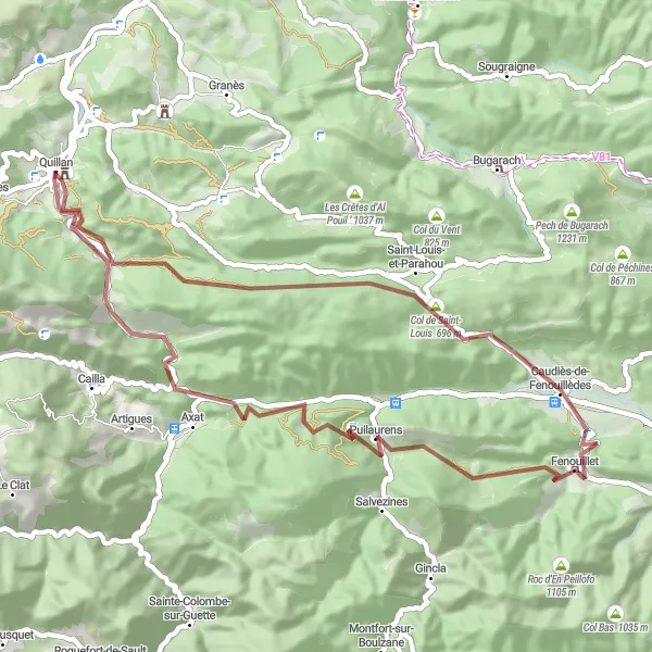 Miniature de la carte de l'inspiration cycliste "Parcours de cyclisme de gravel Bitrague à Belvédère du Diable" dans la Languedoc-Roussillon, France. Générée par le planificateur d'itinéraire cycliste Tarmacs.app