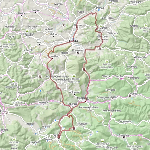 Miniature de la carte de l'inspiration cycliste "Parcours de gravel de La Serpent à Le Pech" dans la Languedoc-Roussillon, France. Générée par le planificateur d'itinéraire cycliste Tarmacs.app