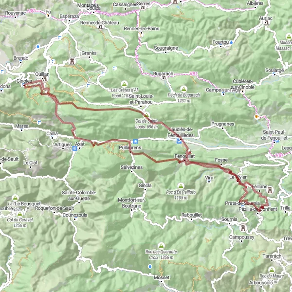 Miniature de la carte de l'inspiration cycliste "Parcours de gravel de Saint-Louis-et-Parahou à Ginoles" dans la Languedoc-Roussillon, France. Générée par le planificateur d'itinéraire cycliste Tarmacs.app