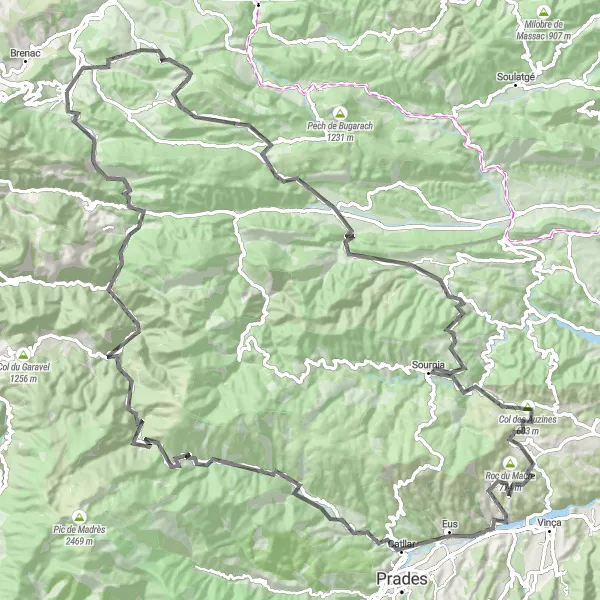 Miniature de la carte de l'inspiration cycliste "Les panoramas époustouflants des Pyrénées" dans la Languedoc-Roussillon, France. Générée par le planificateur d'itinéraire cycliste Tarmacs.app