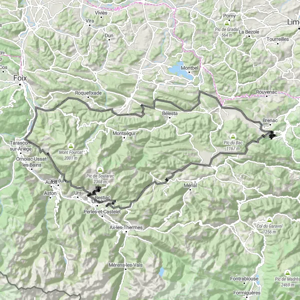 Miniature de la carte de l'inspiration cycliste "Les sommets majestueux des Pyrénées" dans la Languedoc-Roussillon, France. Générée par le planificateur d'itinéraire cycliste Tarmacs.app