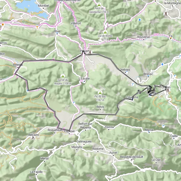 Miniature de la carte de l'inspiration cycliste "Parcours de cyclisme de route de Quillan à Château de Quillan" dans la Languedoc-Roussillon, France. Générée par le planificateur d'itinéraire cycliste Tarmacs.app