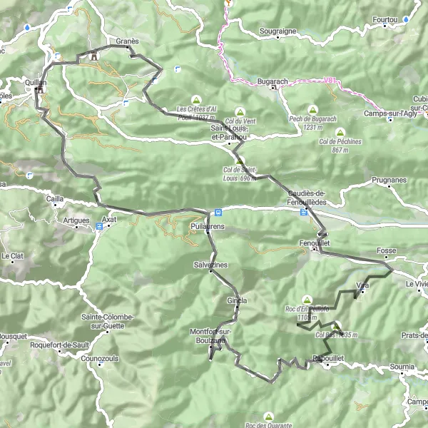 Miniature de la carte de l'inspiration cycliste "Parcours de cyclisme de route de Pech à Puilaurens" dans la Languedoc-Roussillon, France. Générée par le planificateur d'itinéraire cycliste Tarmacs.app