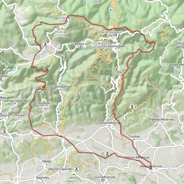 Map miniature of "Minervois Gravel Adventure" cycling inspiration in Languedoc-Roussillon, France. Generated by Tarmacs.app cycling route planner